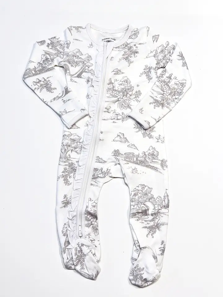 Grey Toile Ruffle Infant Footie