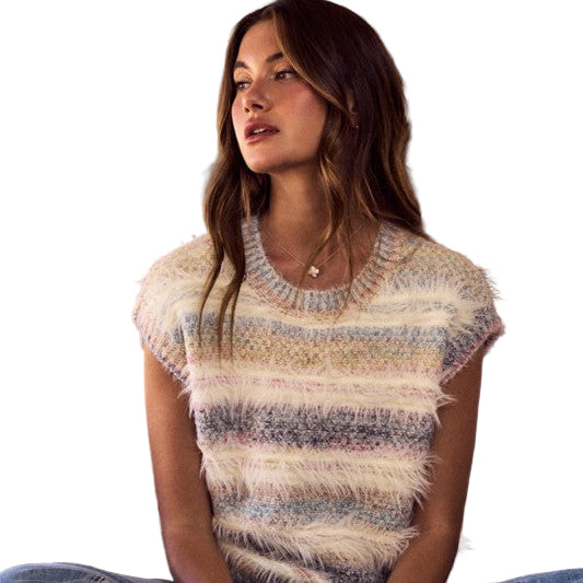 Soft Fuzzy Multi Color Stripe Cozy Sweater Top