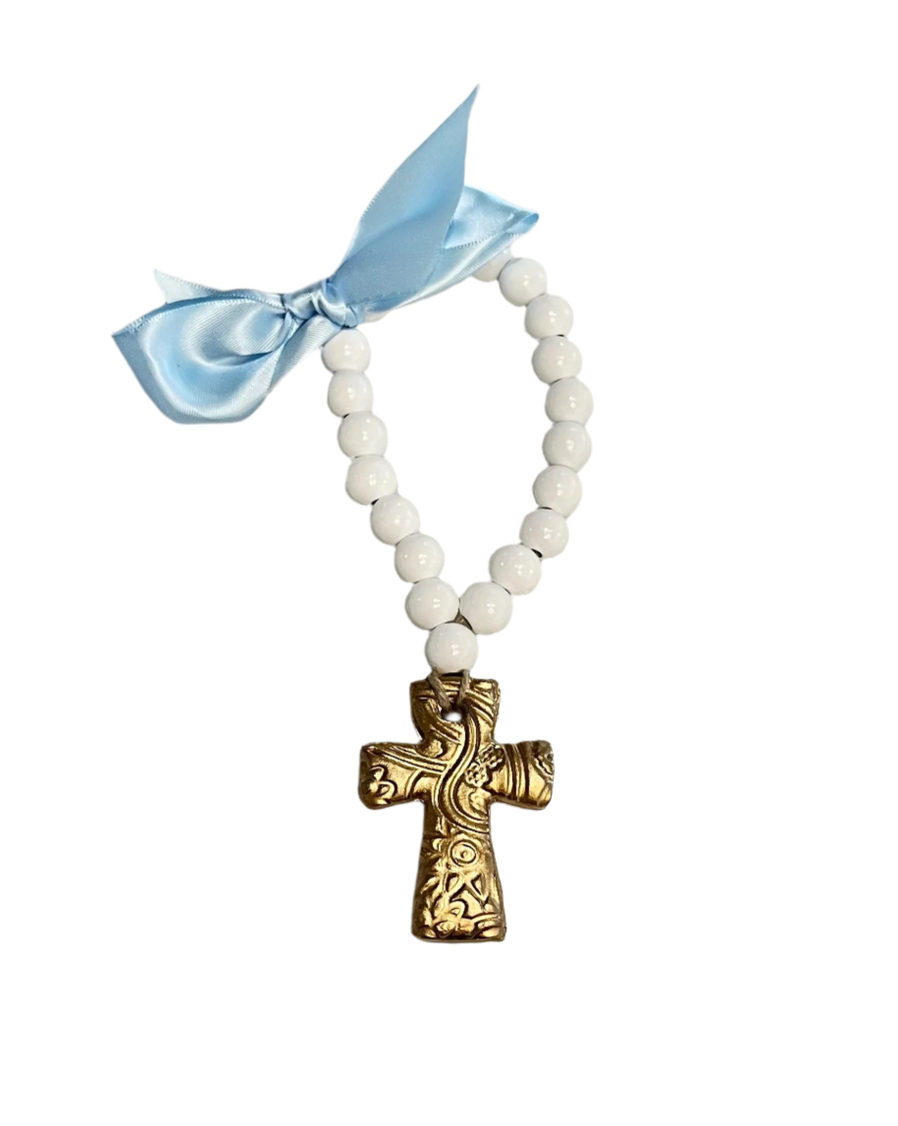 Necklace with white blessing beads and a gold cross pendant