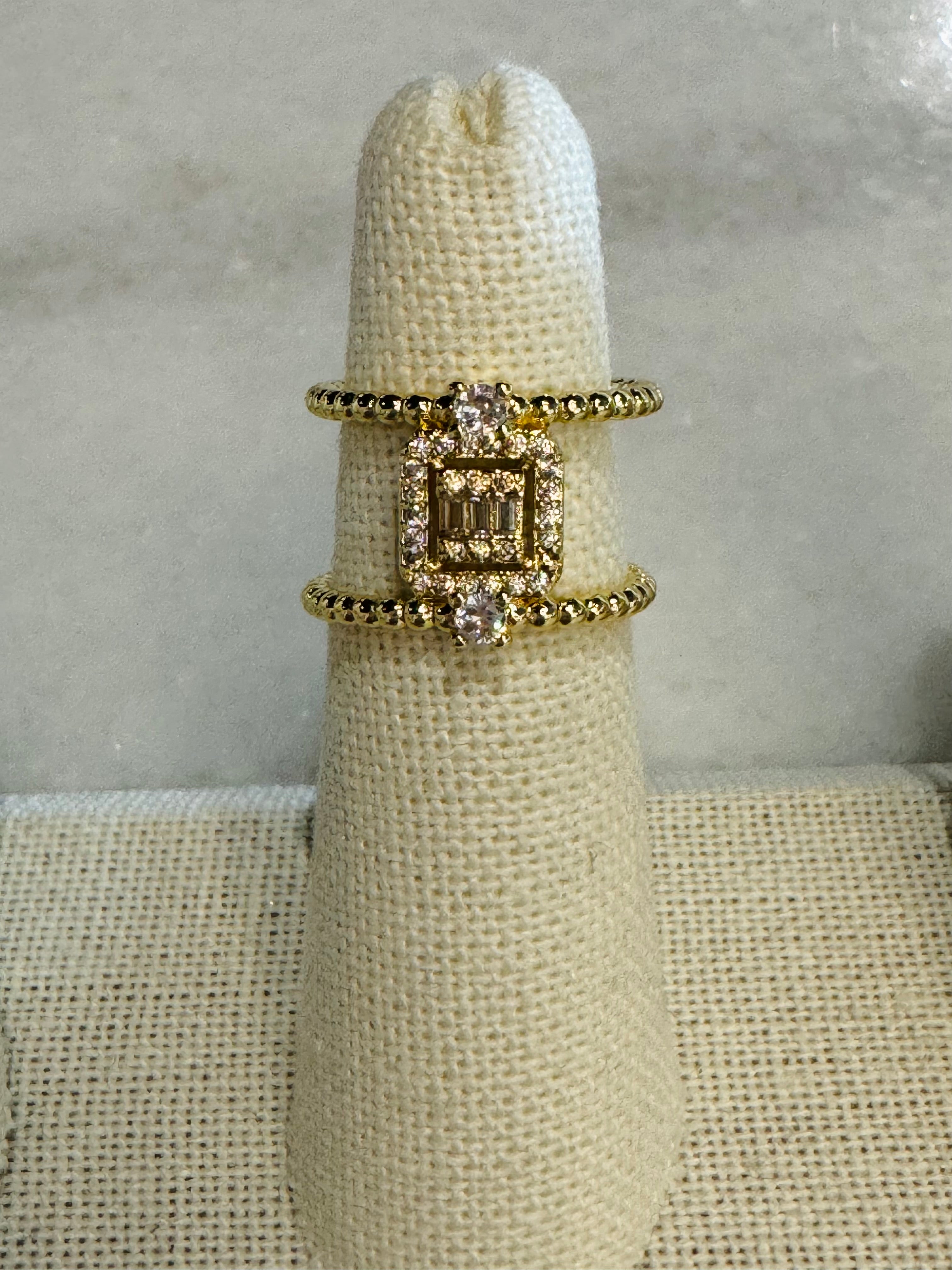 Baguette Micro Paved Beaded Bubble Double Band Ring