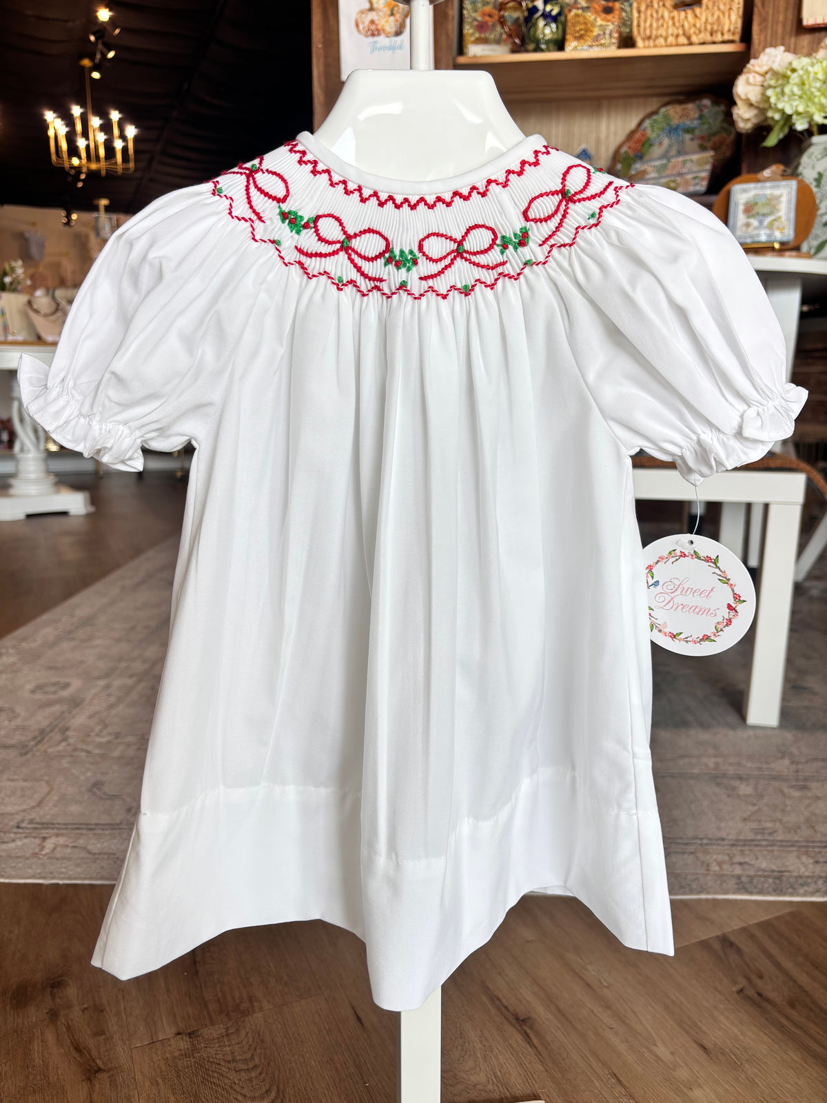 White Smocked Dress with Red Bow and Garland