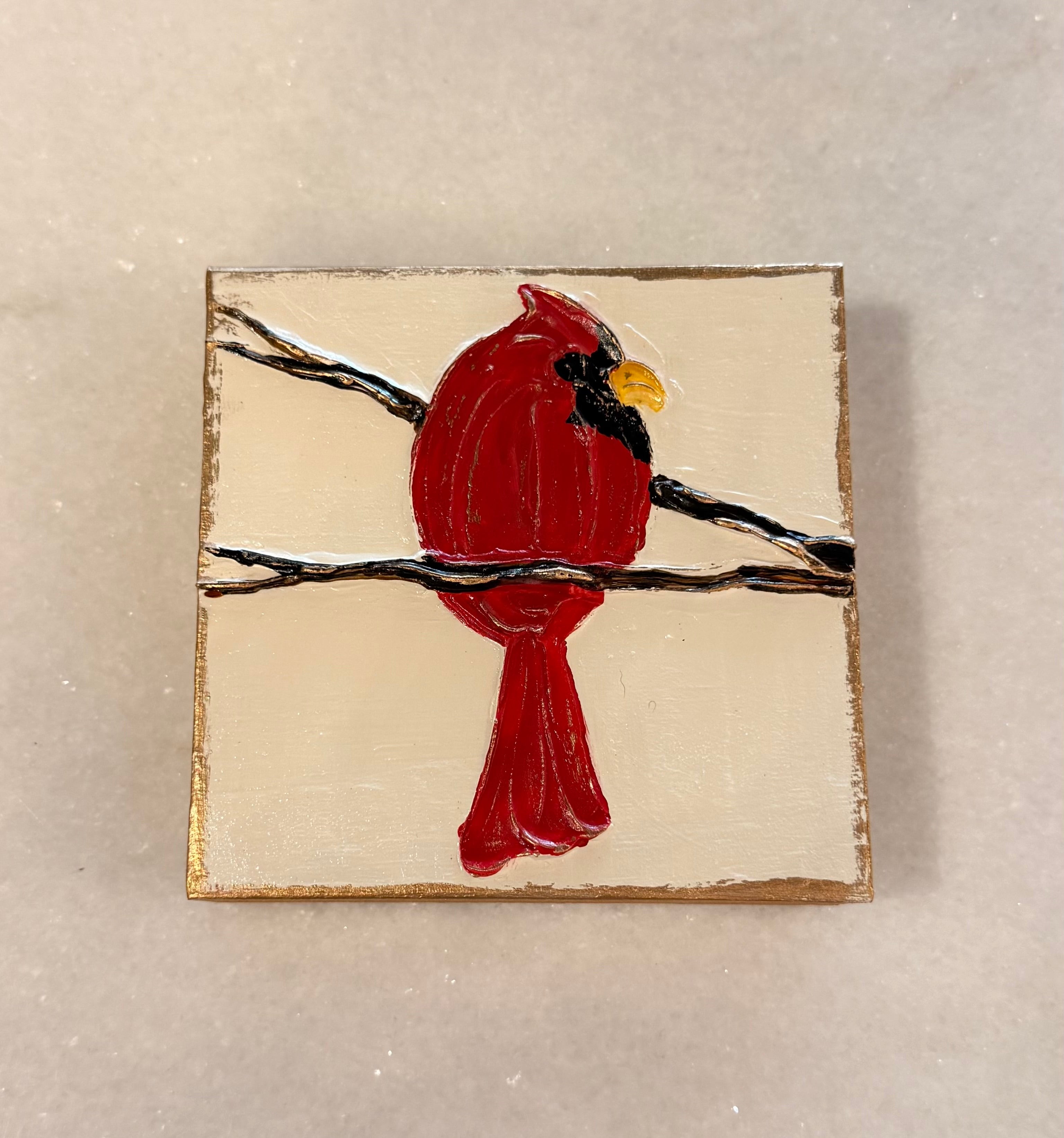 Cardinal Red Bird 5x5 Handmade, Textured Wood Block