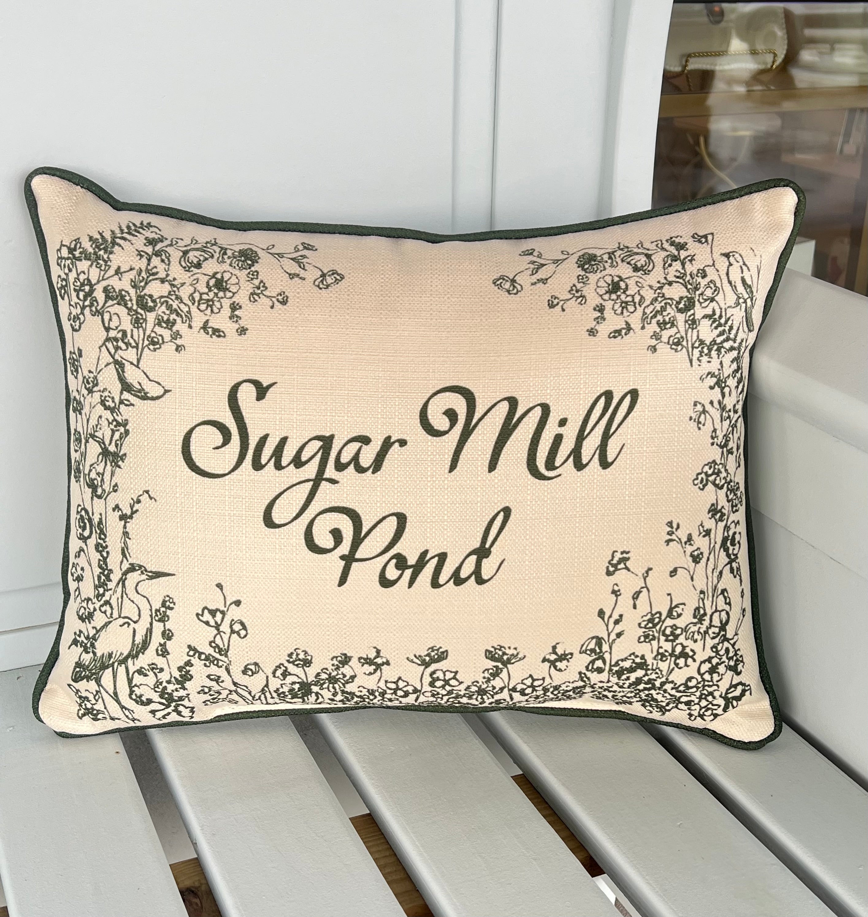 Sugar Mill Pond Crane Toile Pillow - Green