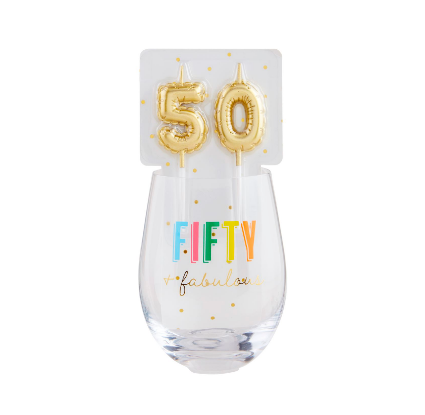 Clear wine glass with 'FIFTY' and 'fabulous' text, gold '50'