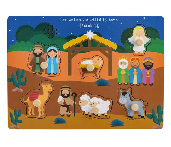 Wooden nativity scene puzzle with characters and animals