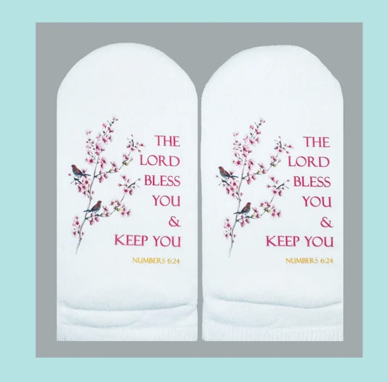 Standing on the Word socks with floral design and Numbers 6:24