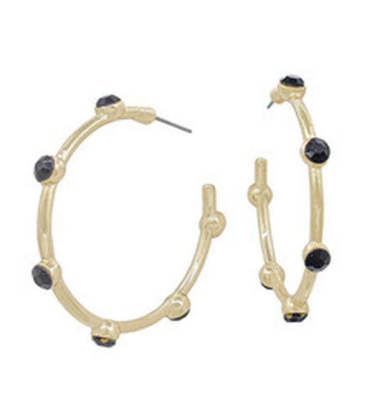 Gold hoop earrings with black stones