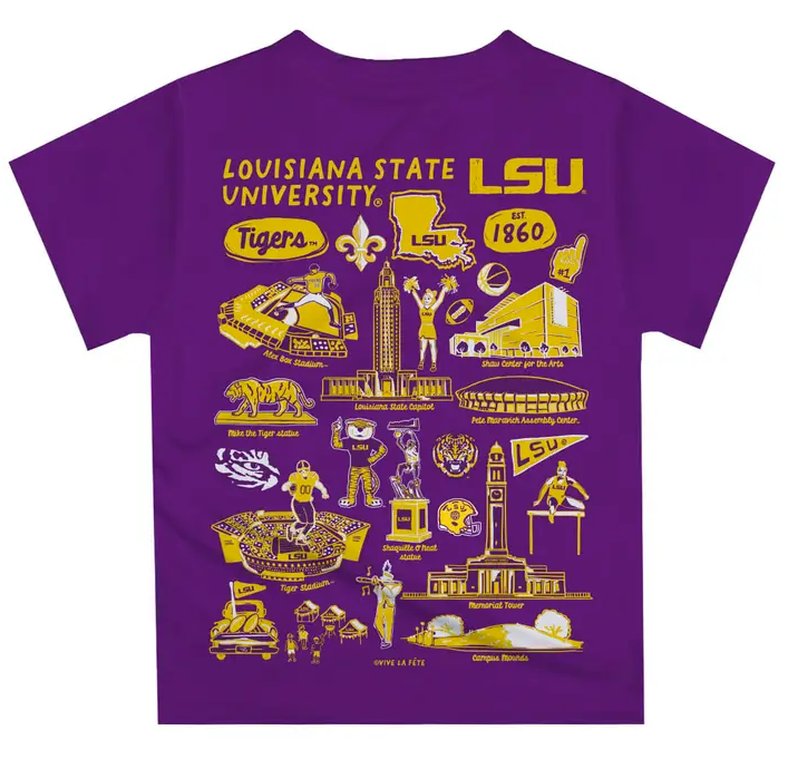 Purple t-shirt with yellow graphics and text of Louisiana State University