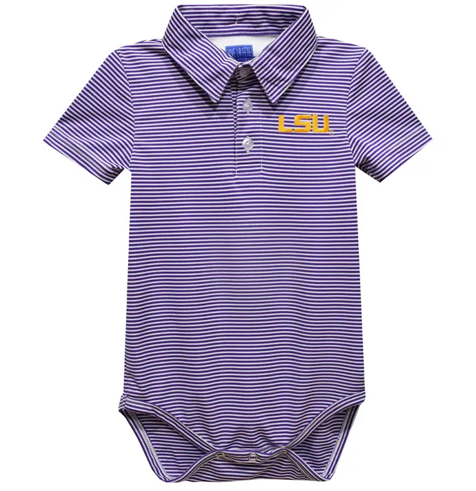 Purple and white striped baby onesie with LSU logo