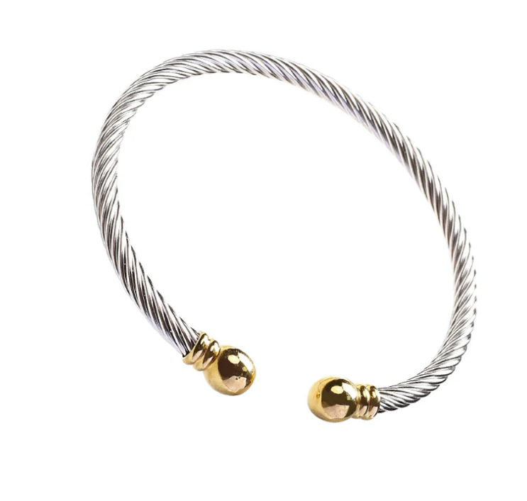 Silver cable bracelet with gold beads
