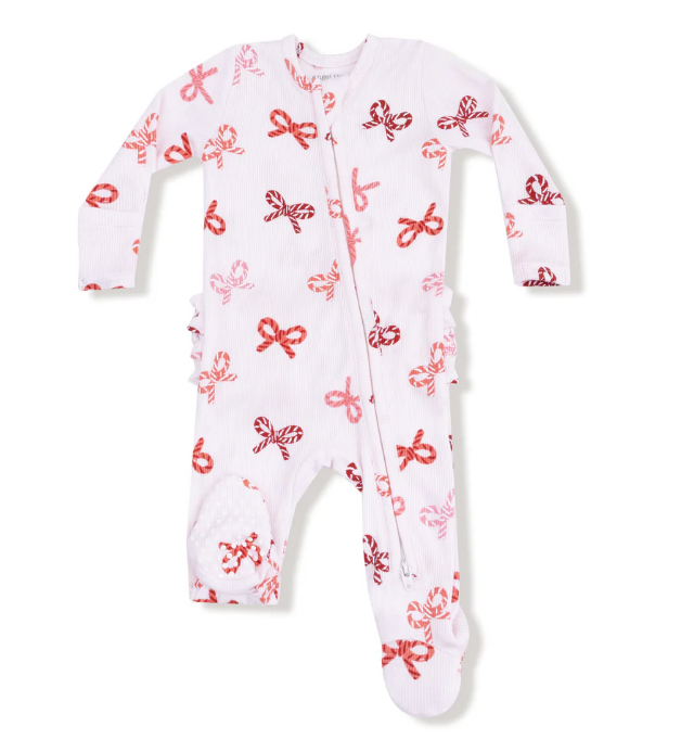 Candy Cane Bows 2 Way Ruffle Zipper Footie