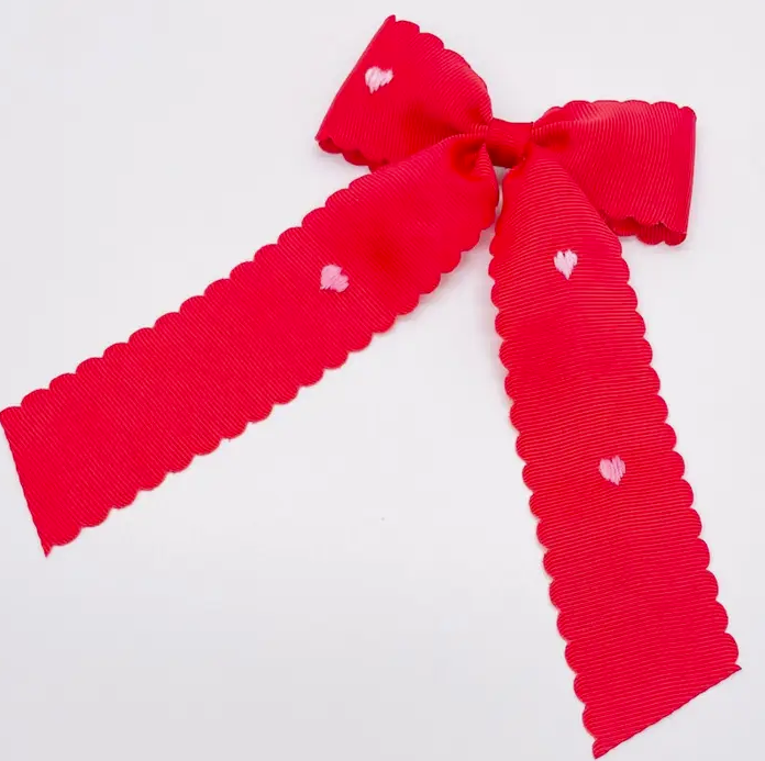 Embroidered Hearts Hair Bow