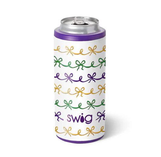 Mardi Gras Bows Skinny Can Cooler 12oz Swig