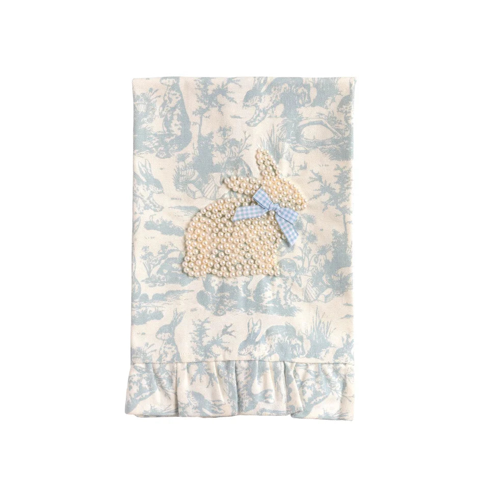 Blue Toile Bunny Pearl Tea Towel