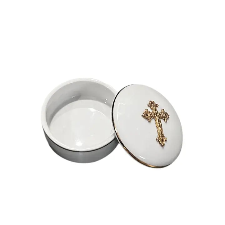 Round Pill Box With Gold Cross