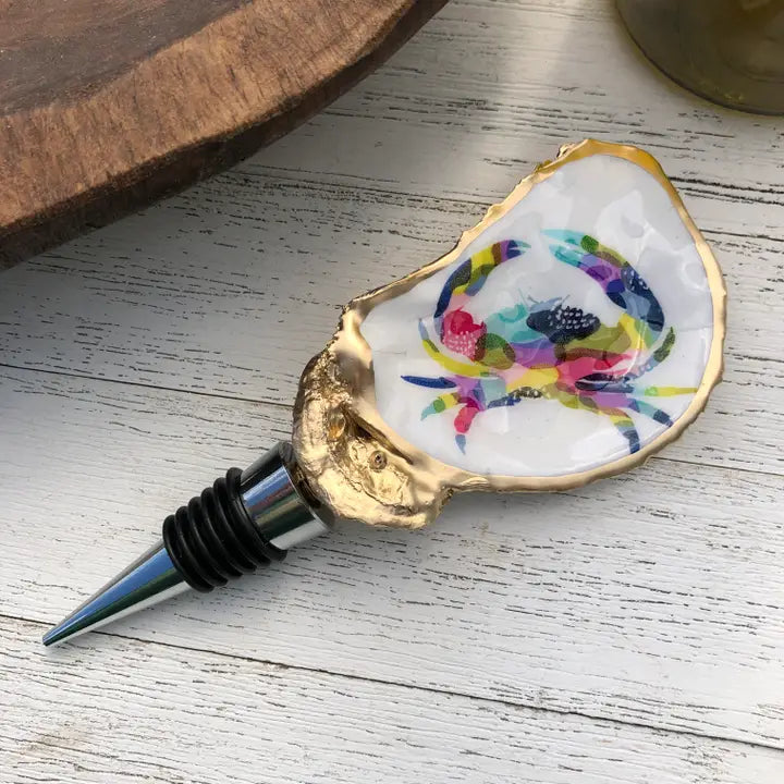 Oyster Shell Wine Stopper--Watercolor Crab