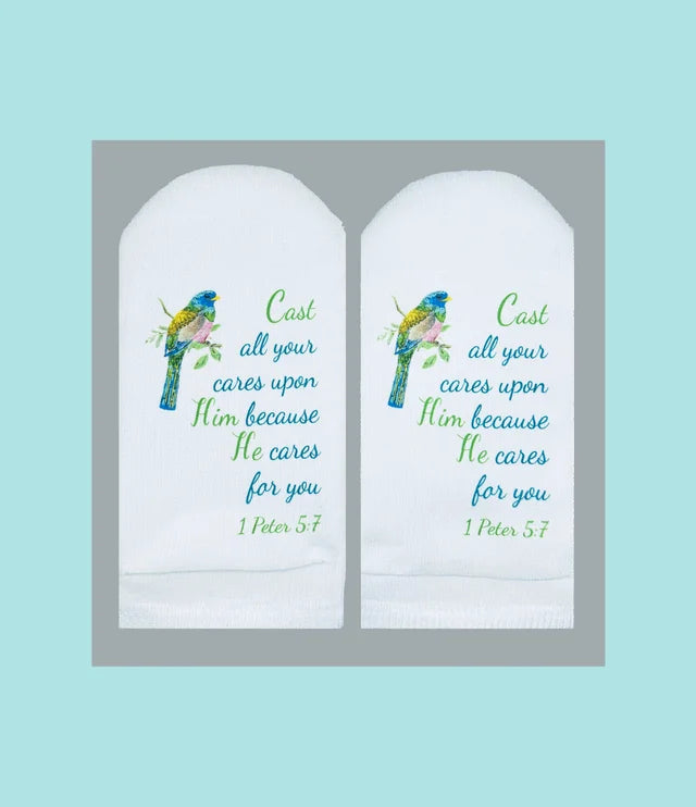 Standing on the Word no show socks with colorful parrot illustrations and Bible verse 1 Peter 5:7