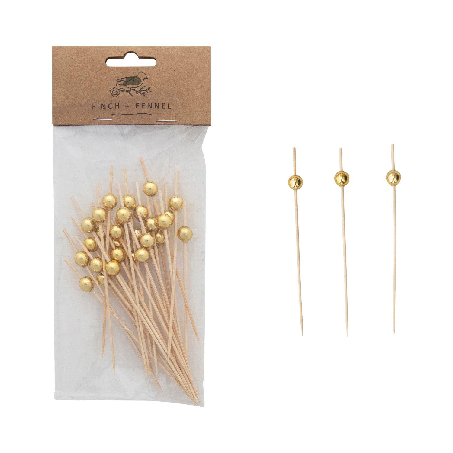 Bamboo Single Use Picks w/ Ball - Gold