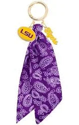 Purple bandana with paisley pattern and LSU and tigers logo on a keychain.