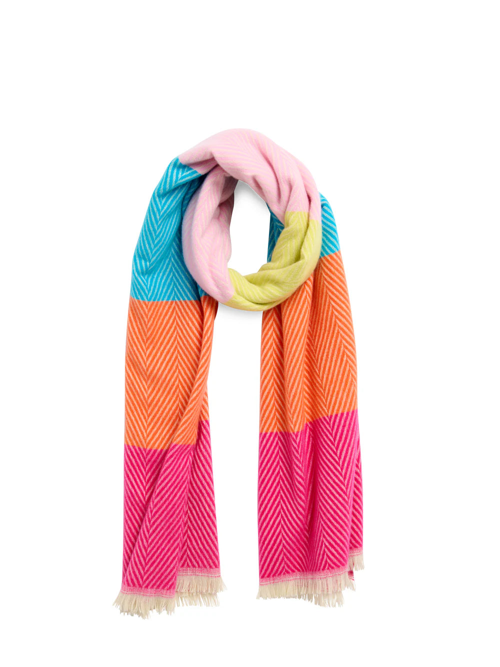 Colorful striped scarf with pink, orange, and blue sections