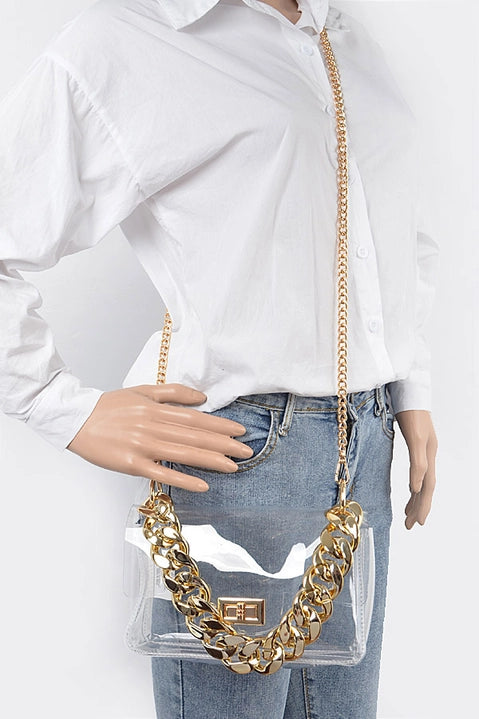 Clear Crossbody Bag With Oversized Chain Attachment - Gold