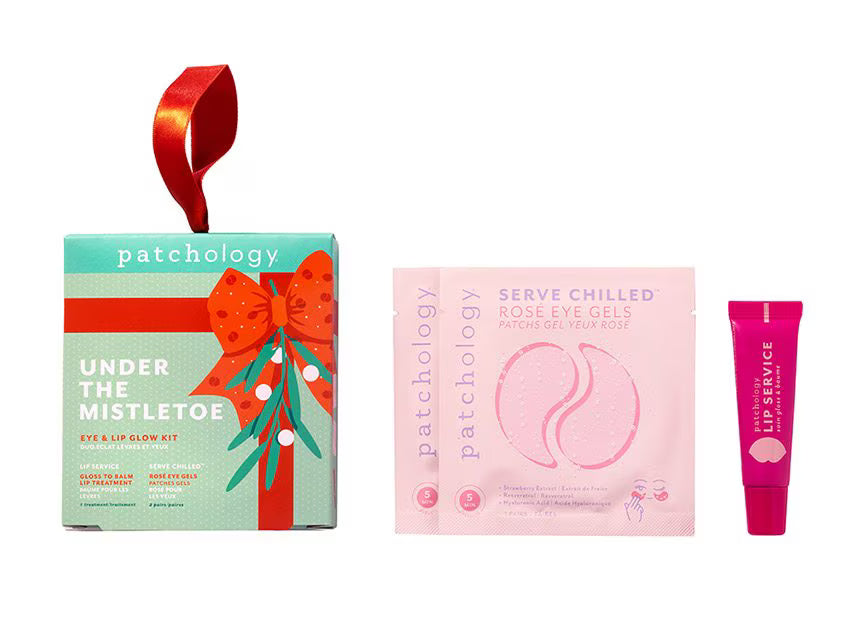 Patchology skincare products including a box, eye and lip gel packets, and a lip balm