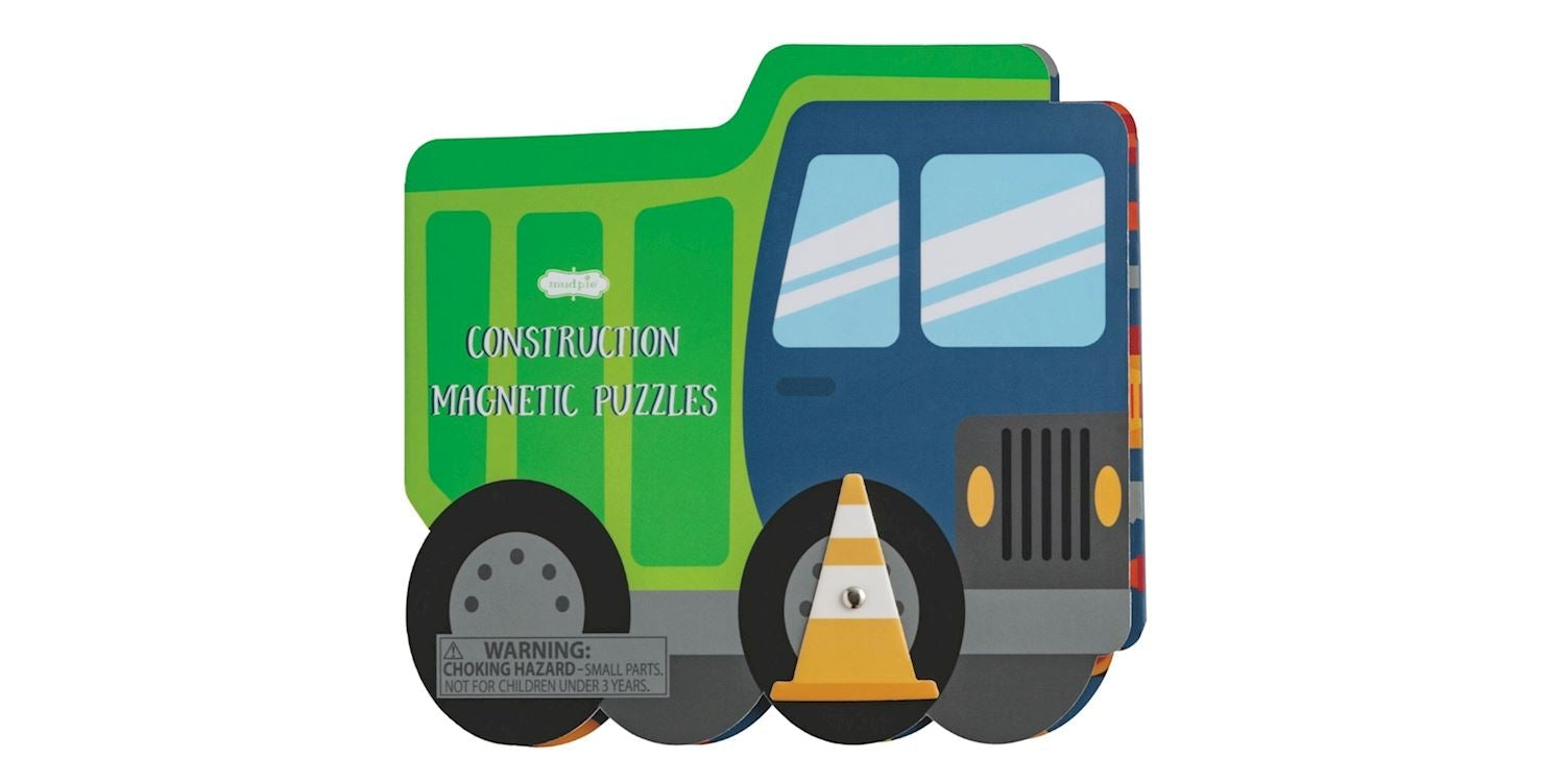 Construction-themed magnetic puzzles packaging with a truck and traffic cone