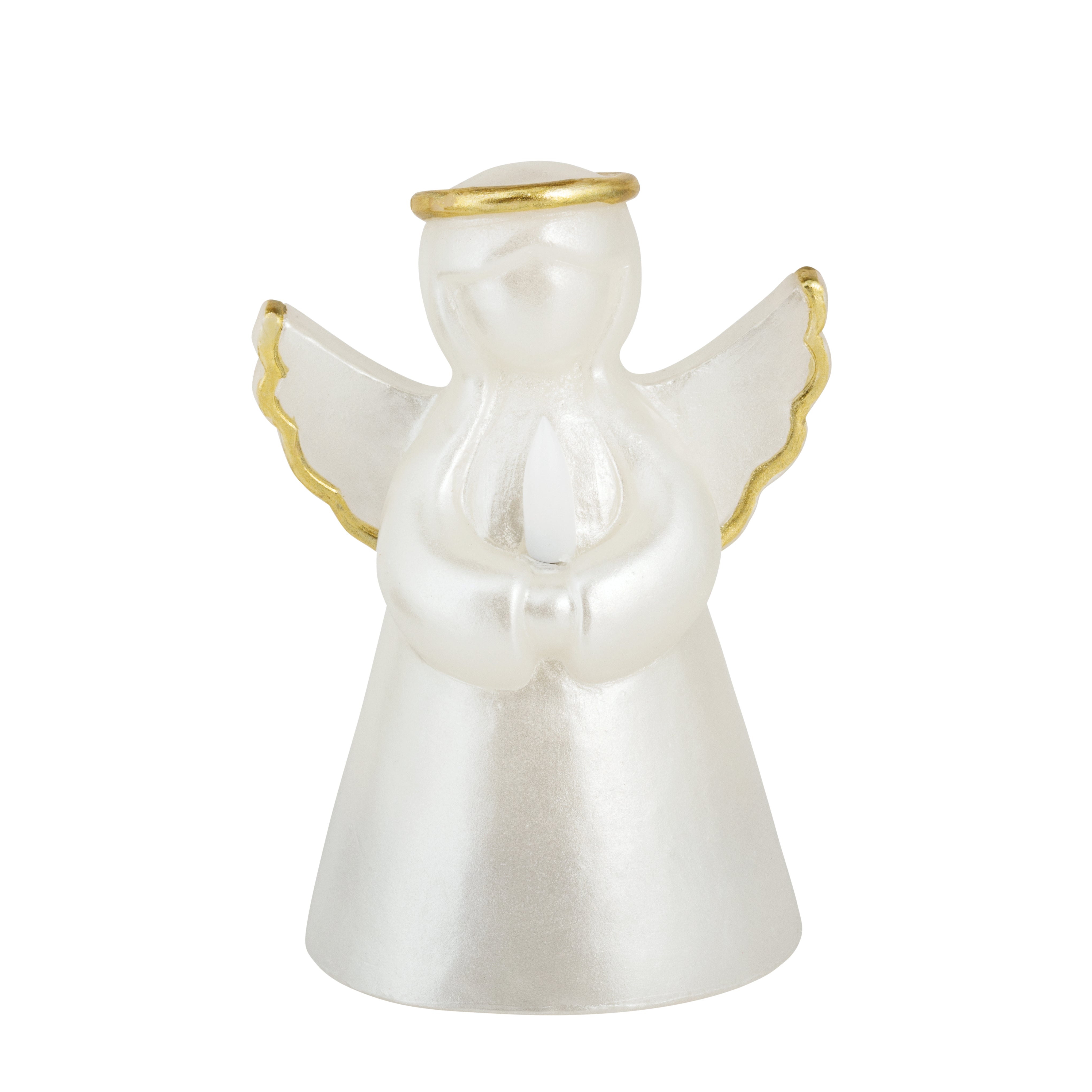 White angel figurine with gold accents and battery powered flame