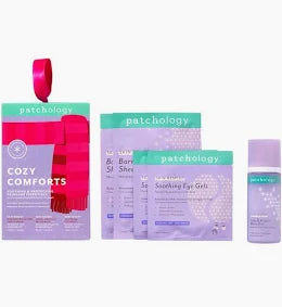 Patchology Cozy Comforts Kit packaging including a pink eye mask, a green box, and a purple packet
