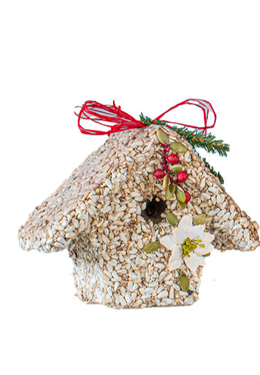 Birdseed house shaped like a birdhouse with magnolia flower