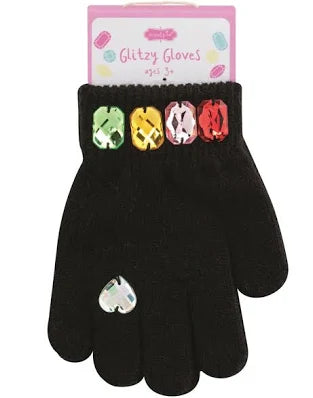 Black glitzy gloves with colorful gemstones
