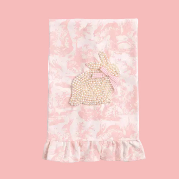 Toile Bunny Pearl Tea Towel-Pink