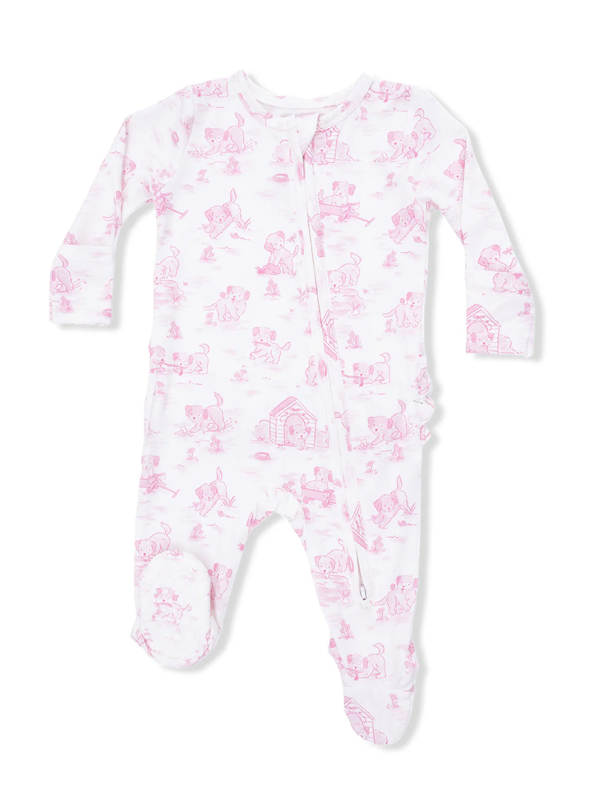 Puppy Toile Pink - 2 Way Ruffle Back Zipper Footie