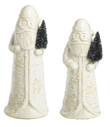 Santa sitter made of milk glass holding a tree and snowflake