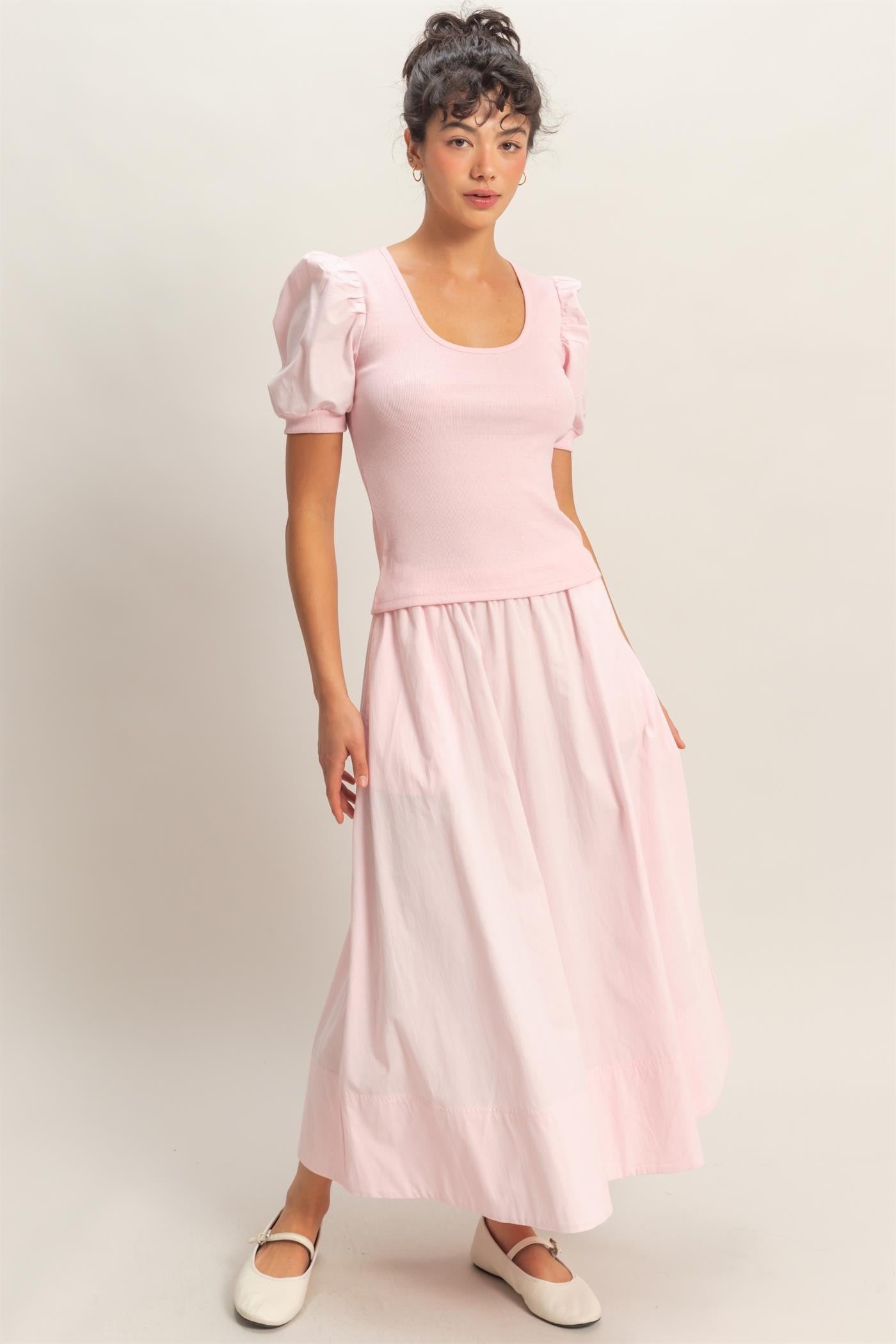 Elastic Waist Midi Poplin Skirt