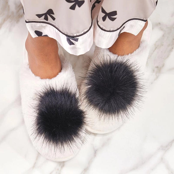 Plush Slippers - Ivory with Black Pom Pom