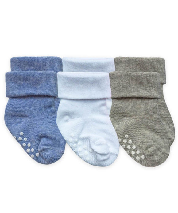 Non-Skid Turn Cuff Socks 3 Pack - Blue