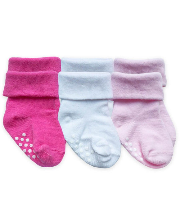 Non-Skid Turn Cuff Socks 3 Pack - Pink