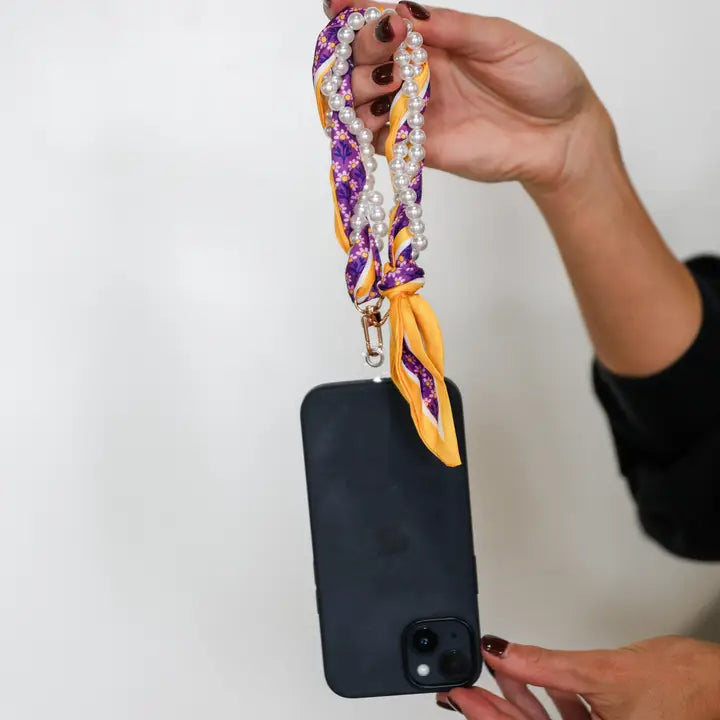 Woven Scarf Pearl Phone Strap/Wristlet - Purple & Gold