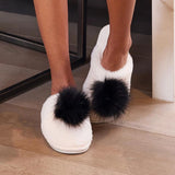 Plush Slippers - Ivory with Black Pom Pom