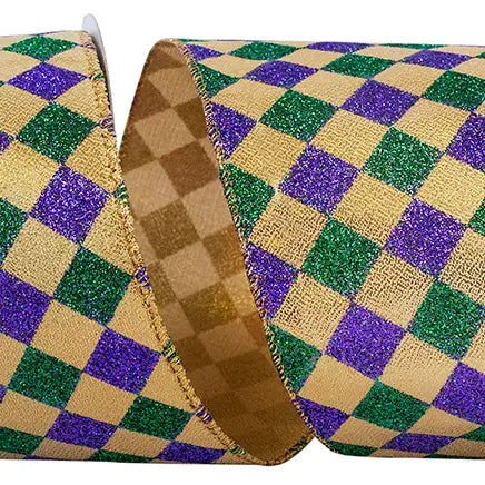 Mardi Gras Diamond Glitter Metallic Wired Edge Ribbon