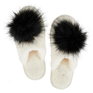 Plush Slippers - Ivory with Black Pom Pom