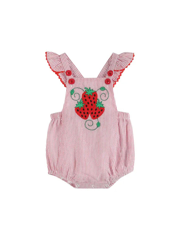 Red Seersucker Strawberry Ruffle Romper