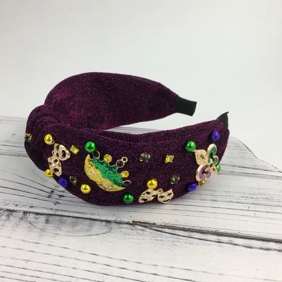 Mardi Gras Purple Glitter Charm Knot Headband