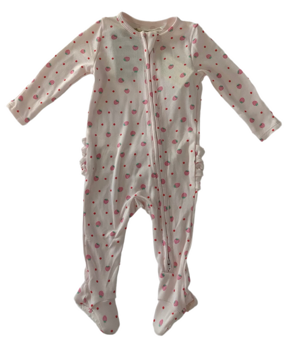 2 Way Ruffle Back Zipper Footie - Strawberry Swiss Dot