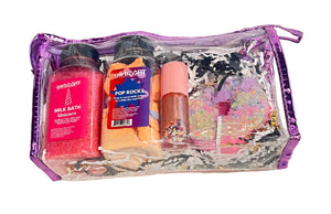 Bath products including milk bath, pop rocks bath salt, lip gloss, and a donut bath balm in a clear bag with a purple border 