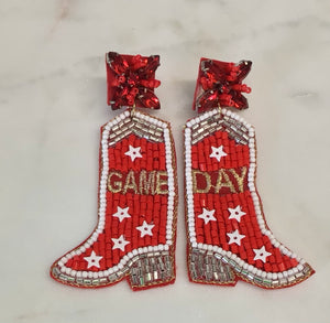 Red and White Gameday Boot Beaded Earrings
