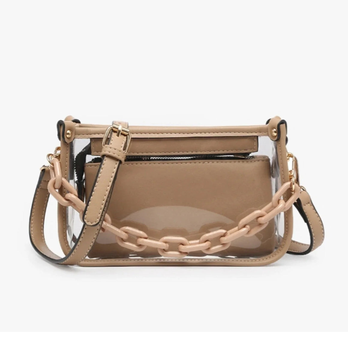 Clear handbag with beige outline and beige chain detail 