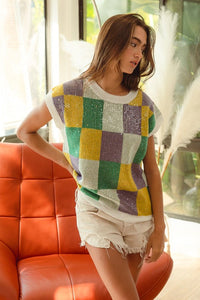 Sequin Mardi Gras Checker Sweater Top