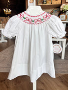 White Smocked Dress with Red Bow and Garland 